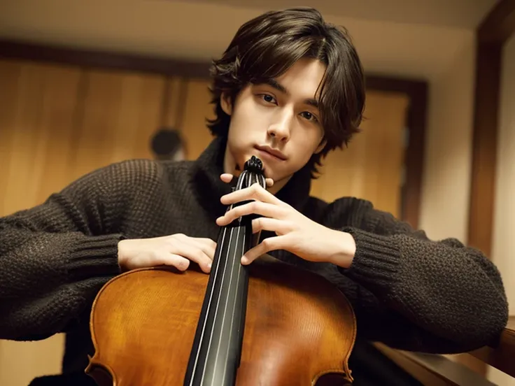 Realism, 8K full body portrait, a young handsome guy, 28 year old man(artist.musician),Wearing wool sweaters and jackets. Sitting indoors and playing the cello(靈感來自中國musician馬友友). charming expression, Fine facial details,Detailed finger positions and detai...