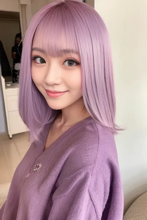 natural mauve purple hair, BREAK, Highlighted hair,false eyelash,japanese girl,smile,Layered cut,natural hair