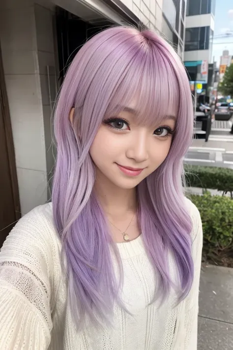 natural pastel purple hair, BREAK, Highlighted hair,false eyelash,japanese girl,smile,Shaggy hair