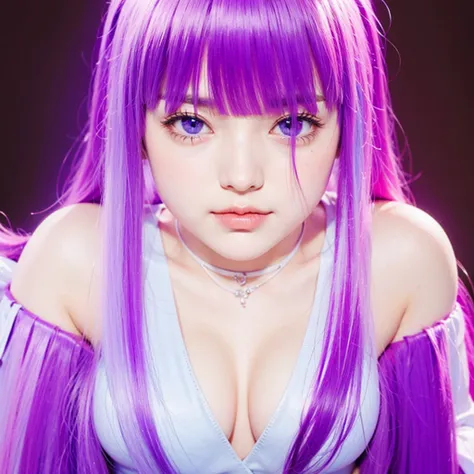 girl with long purple hair and blue eyes staring at the camera,3D realistic style 