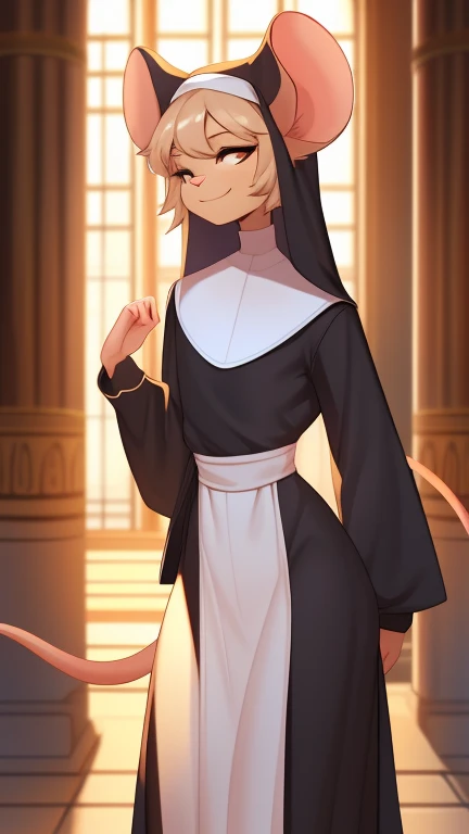 Best quality, Super detailed illustration, Warm tones, perfect lighting, (fluffy mouse boy:1.4) , feminine face and body, disheveled thick hair, nun&#39;s robe, beautiful temple background, smug smile, half-closed eyes , femboy, small waist, wide hips, sli...