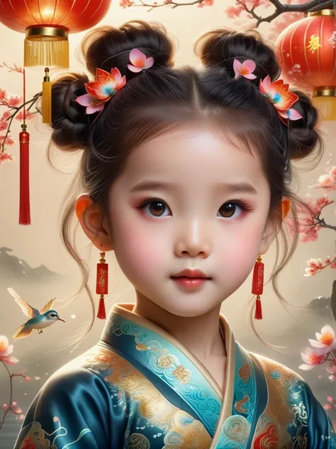 Works of Chinese style masters，shining，dream色彩，art，Ethereal，dream，((美轮美奂的5 years old精灵小女孩))，(((5 years old)))，((solo))，cute，kawaii，Detailed facial features of a child，glowing eyes，Ethereal光辉，wonderland，(Little)，((Bun hair bun))，composition，Dazzling colors，...