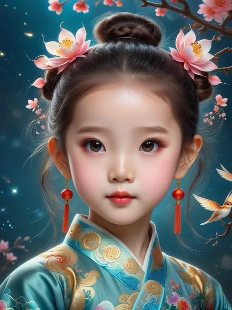 Works of Chinese style masters，shining，dream色彩，art，Ethereal，dream，((美轮美奂的5 years old精灵小女孩))，(((5 years old)))，((solo))，cute，kawaii，Detailed facial features of a child，glowing eyes，Ethereal光辉，wonderland，(Little)，((Bun hair bun))，composition，Dazzling colors，...