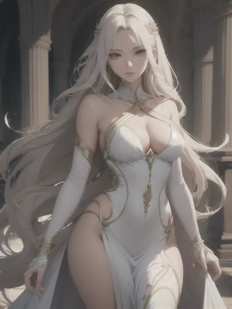 "masterpiece, top-quality, the Extremely Detailed CG Unity 8K Wallpapers, Ultra-realistic 8kCG, erfect artwork, The perfect female figure, Dramatic shadows, she is a beautiful woman, with sharp and elegant features reminiscent of a goddess. Her hair is lon...