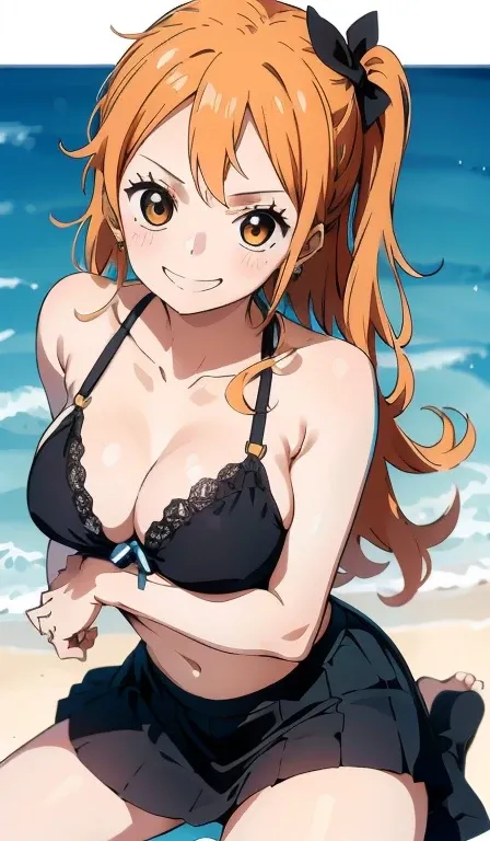 one piece nami,  wearing a skirt, ((ベッドに横になってpussyを見せている)), excellent anatomy, masterpiece, highest quality, 4k, 8K, professional photography, soft light, sharp focus, 1 girl, orange hair, open lips, lipstick, big ass, pussyを見せる,sexual pose, FUCKED BY PUCY...