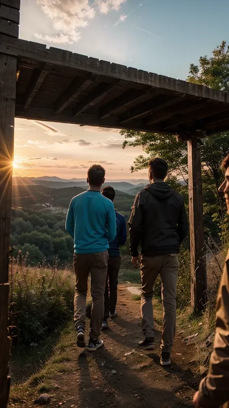 Four young slim men on a trip in woods and hilly mountains joyfully enjoying the beautiful evening sky and sunset with volumetric lighting, 8k quality, depth of field, clarity, cinematic clicks, dslr, 