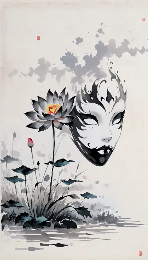 (Anime line drawing:1.5)，(black and white painting:1.45)，Minimalism，(line art:1.6)，sketch，Charcoal drawing，mask，lotus