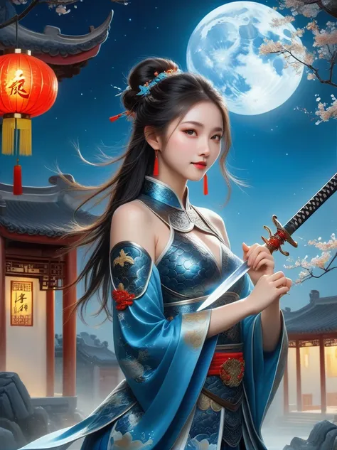 masterpiece，Realistic，Deep color，blue tint，Surrealism, Star光环, In the bright embrace of the moonlight serenade，(Black Chinese armor)，gentle beautiful girl，(The girl holds a sword in her hand)，Women&#39;s Armor，solo，pauldron，helmet，Chinese city background，b...