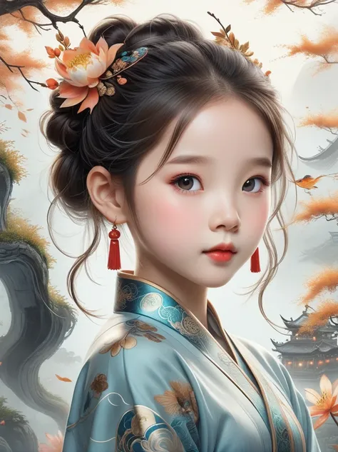 Works of Chinese style masters，((Anime line drawing:1.8))，((Black Lines))，((grey))，dream色彩，art，Ethereal，dream，((美轮美奂的5 years old精灵小女孩))，(((5 years old)))，((solo))，cute，kawaii，Detailed facial features of a child，glowing eyes，Ethereal光辉，wonderland，(Little)，(...