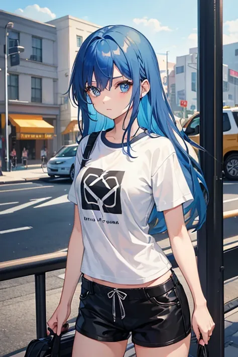 1girl, blue hair, blue eyes, black t-shirt, shorts