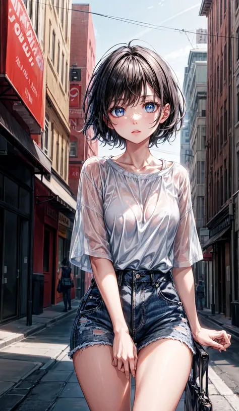 1girl, short black hair, blue eyes, wearing plain white shirt, denim shorts, city, absurdres, high res, ultrasharp, 8K, masterpiece, looking at viewer