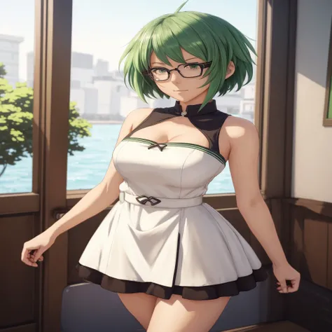 anime girl in a short dress with green hair and glasses, tatsumaki from one punch man,  in dress, tatsumaki, cute anime waifu in a nice dress, kantai collection style, cushart krenz key art feminine, made with anime painter studio, rin, seductive anime gir...