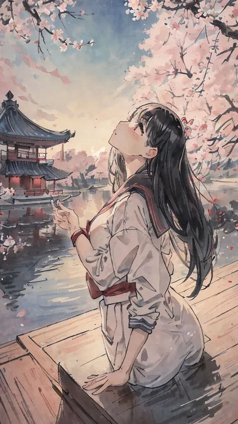 sailor suit、teenage girl、with paddle、soft lighting、more pale、black hairの、Floral,cherry blossomsのWind景, highest quality, masterpiece, very detailed, detailed background, anime, girl1名, 若いgirl, girl, SF, cherry blossoms, outdoor, morning, greenhouse, giant s...