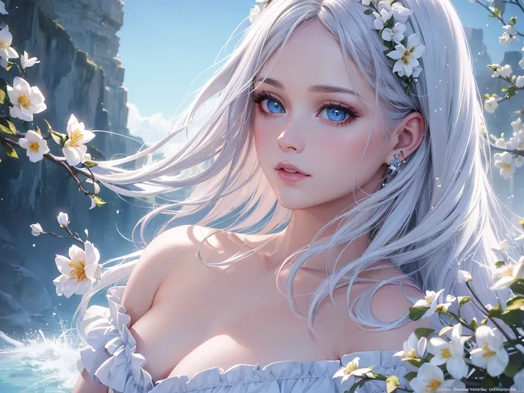 (best quality, masterpiece:1.2), ultra-detailed, (realistic, photo-realistic:1.37), portrait, female, beautiful, maturing, lovely, detailed face, blue eyes, rosy lips, porcelain skin, long flowing hair, feminine features, delicate flowers, pure white dress...