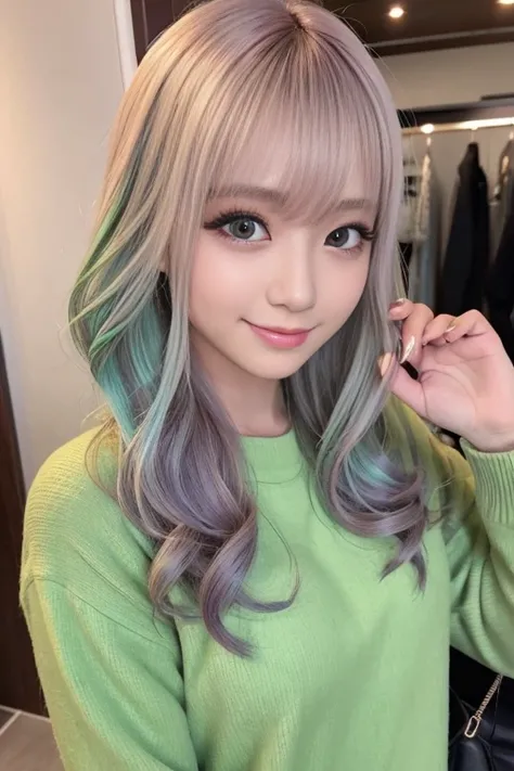 mauve green hair, BREAK, Highlighted hair,false eyelash,japanese girl,smile,wavy hair