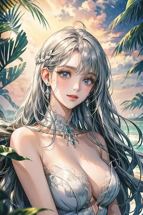 white、Ocean、droopy eyes、Brown eyeballs on face、smile、23 year old female、woman wearing one piece、long hair girl、((long hair girl))、Girl with bangs、detailed face、clean face、((best image quality))、mole、bouquet、bride、Mermaid Dress.silver hair、light blue eyes、h...