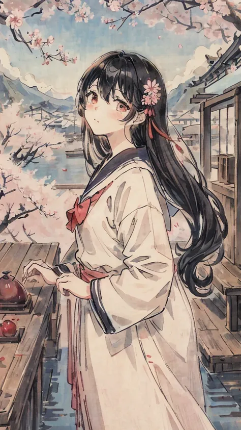 sailor suit、teenage girl、soft lighting、more pale、black hairの、Floral,cherry blossomsのWind景, highest quality, masterpiece, very detailed, detailed background, anime, 1 girl, young girl,  SF, cherry blossoms, outdoor, morning, greenhouse, giant structure, Win...