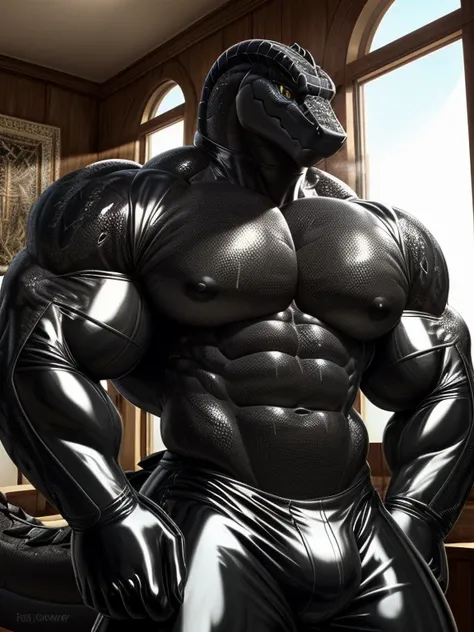 Black scaly snake anthro, ((sleek snake head)), ((muscular body)), (( big arms, big torso)) ((black scales on body)), ((hyper bara)), ((black body)), serpent head, flex, muscular, barazoku (Sharp focus, masterpiece, 8k, intricate artwork, hyper detailed, h...