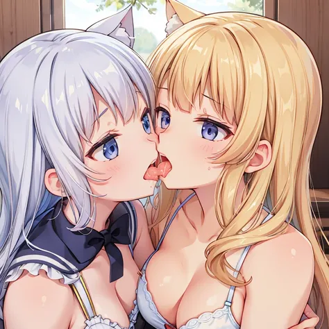 Nekomiya Nono,white underwear,Girls kissing with tongues,Drooling