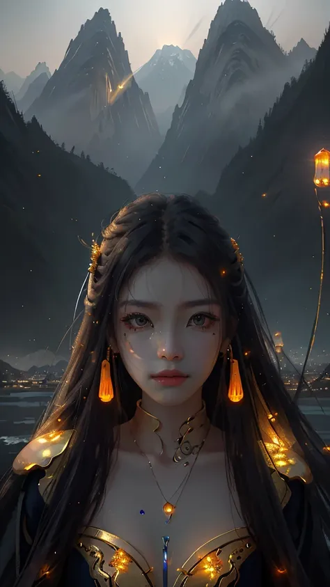 best quality, masterpiece, highres,
1girl, Detailed face, (Upper body:1.6), Cyber cities, mountains and rivers, night, firefly lights, Realistic, rich in detail, (White hanfu:1.2), (beautiful body:1.4),