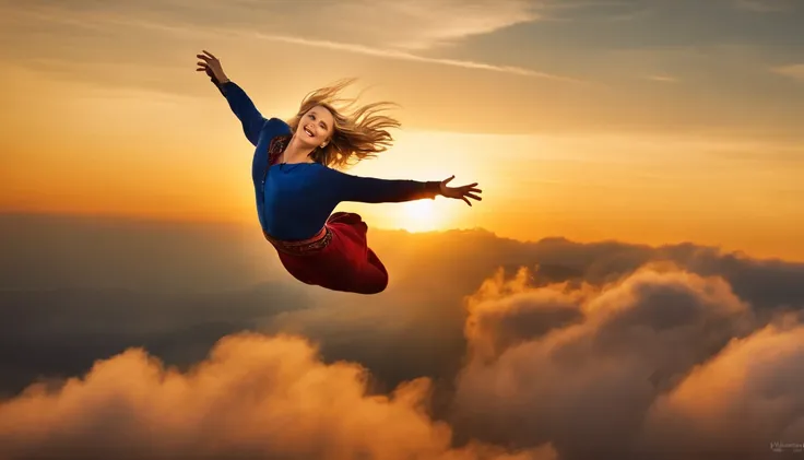 Emily Osment flying happily and gracefully in the sky 