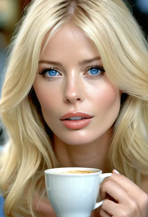 ((best quality)), ((masterpiece)), (detailed), perfect face, Claudia Schiffer,25 years old, portrait, cafe, perfect face, ultradetailed, hyperrealistic, drinking, perfect blue eyes, her real face, light blond hair, not cartoon, not animation, masterpiece, ...