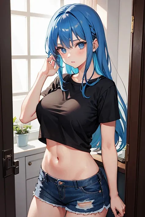 1girl, blue hair, blue eyes, black t-shirt, shorts, big breasts