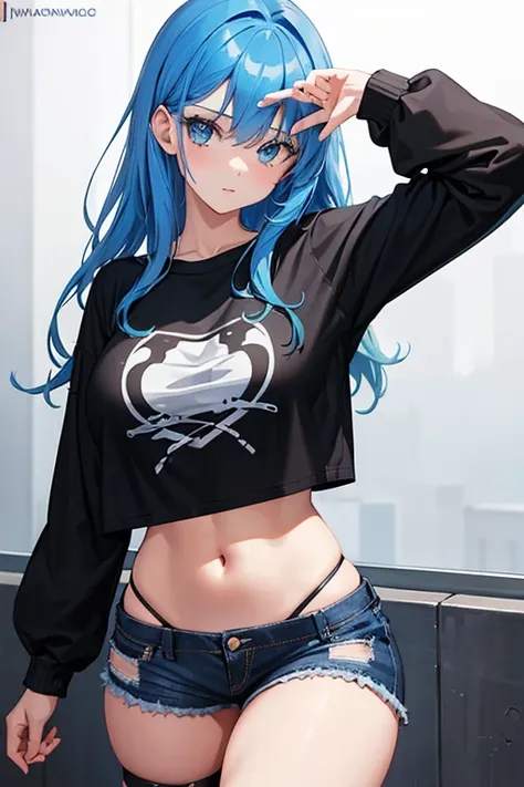 1girl, blue hair, blue eyes, black t-shirt, shorts, big breasts