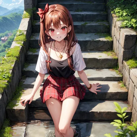 reddish-brown golden hair、red eyes、one good looking girl、solo、anime、plaid mini skirt、black camisole、black t-shirt、hoodie、wearing a ribbon、ribbon at waist、crystal earrings、Gemstone Necklace、Light and shadow、Tilting face、teeth are visible、pillar、evil looking...