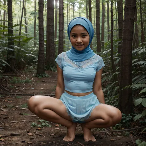 A 9 years old Indonesian woman in light blue hijab, wearing very short light blue lace tight t-shirt, wearing very short see-through light blue lace skirt, skirtlift, villager, poor woman, darker skin, curvier body, short body, small breasts, flat-chested,...