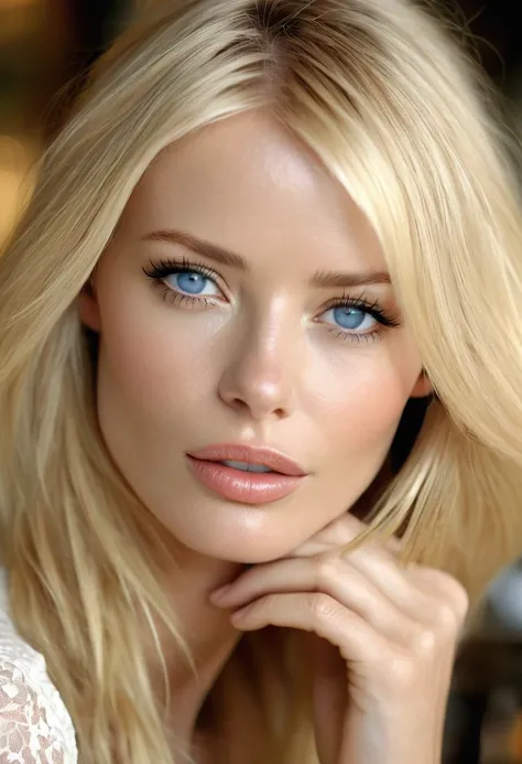 ((best quality)), ((masterpiece)), (detailed), perfect face, Claudia Schiffer,25 years old,  cafe, perfect face, ultradetailed, hyperrealistic, drinking, perfect blue eyes, her real face, light blond hair, not cartoon, not animation, masterpiece, natural, ...