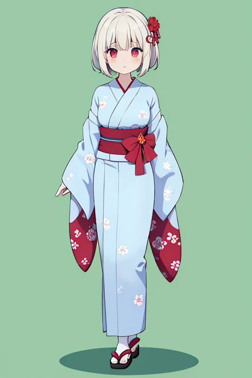 1 woman ,yukata white　No pattern,yukionnna,green background,blue hear,full body,red eye