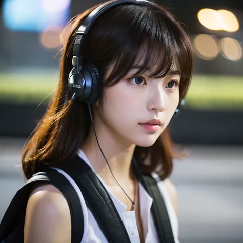 shortcut　woman　Korean style　memo on notebook　headphones　profile　night　