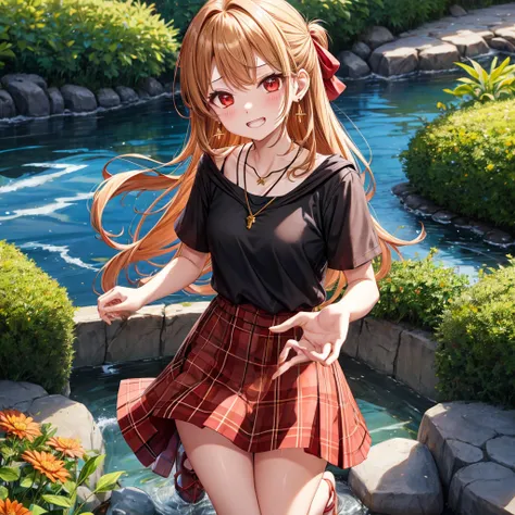 Brown, red, gold, golden hair、red eyes、one good looking girl、solo、anime、plaid mini skirt、black camisole、black t-shirt、hoodie、wearing a ribbon、ribbon at waist、crystal earrings、Gemstone Necklace、Light and shadow、Tilting face、teeth are visible、pillar、evil loo...