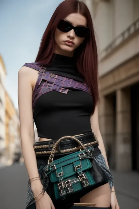 arafed woman with a black purse and a shirt, photo cyberpunk of  20 y. o russian model girl  in fachion clothes  in (balenciaga ...