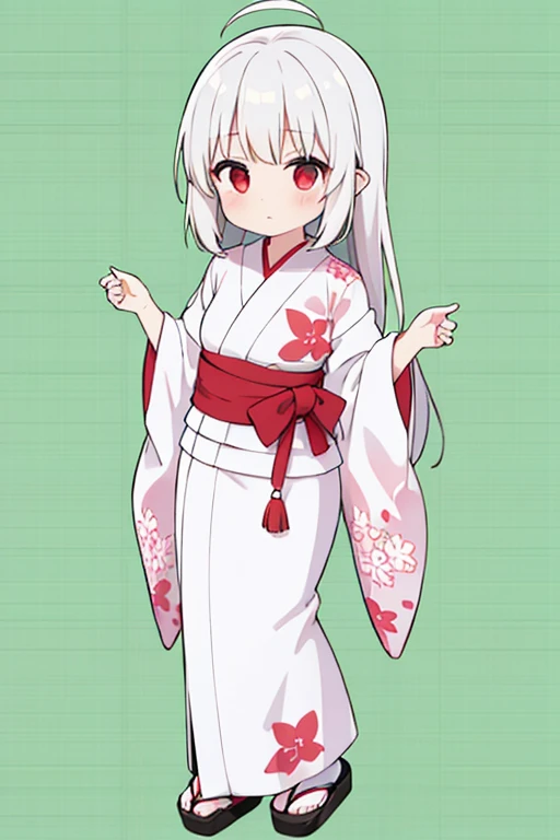 1 woman ,yukata white　No pattern,yukionnna,green background,white hear,long hear,full body,red eye,sideways