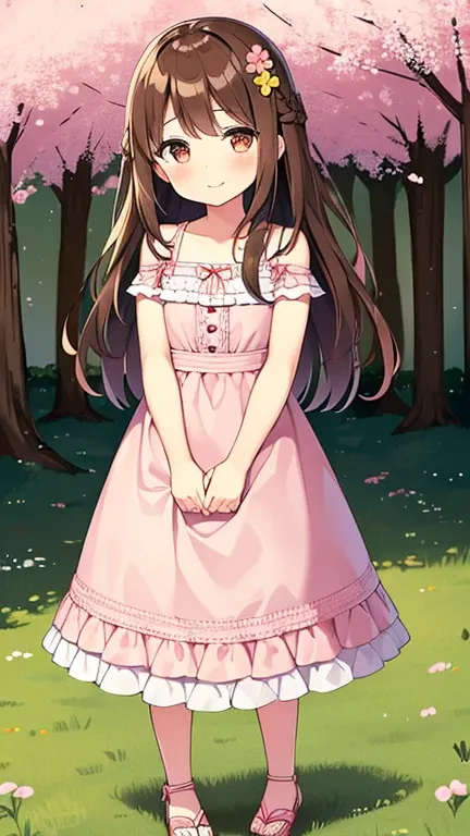 1 girl, brown hair, brown eyes, blush, , frilled dress, frills, pink dress, No sleeve, No sleeve dress, bare shoulders, blush, dress, print dress, flower柄, long hair, sandals, pink shoes, open your mouth, smile, alone, looking at the viewer, Are standing, ...