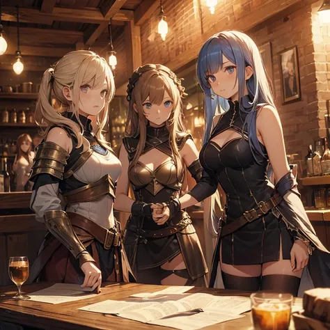 A group of  female medieval fantasy adventurers, (in tavern), various hair styles, harem, night, details face, seducing, sleeveless, armor 