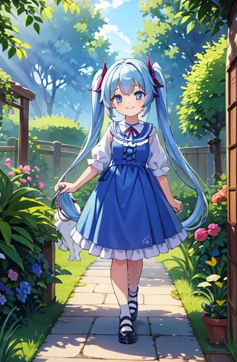 A garden bathed in sunlight　light blue long hair　girl with twin tails　With two dogs　A really enjoyable walk　adorable smile　