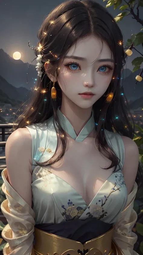 best quality, masterpiece, highres,
1girl, Detailed face, (Upper body:1.6), Chinese cities, mountains and rivers, end of sunset, moonlight, starry night, firefly lights, Realistic, rich in detail, (White hanfu:1.2), (beautiful body:1.4),  epic, intricate