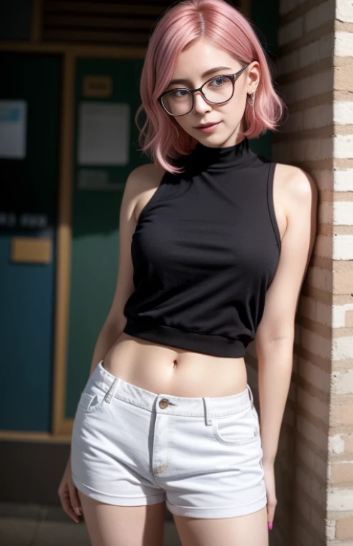 arafed woman with pink hair and glasses leaning against a wall, cute girl with short pink hair, with glasses, belle delphine, thick glasses, nerdy, nerdy appearance, with glasses on, physical : tinyest midriff ever, smooth pink skin, some glints and specs,...