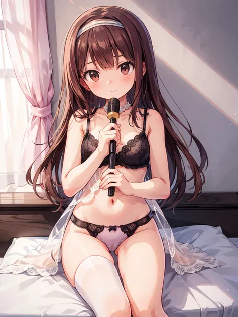 masterpiece, beautiful illustrations, highest quality, pretty girl, 1girl, Bedroom, pastel colour, (two-separated lingerie), cute lingerie, reddish brown long hair, headband, bright lighting, presenting, looking at viewer, on bed, embarrassed