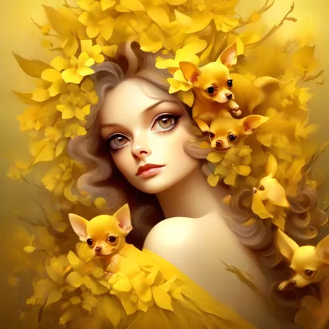 long hair、A woman with forsythia flowers in her hair holds a small chihuahua in her arms, background number 28,beautiful digital illustrations, Beautiful artwork illustration, amazing digital illustrations, beautiful digital artwork, Works that influenced ...