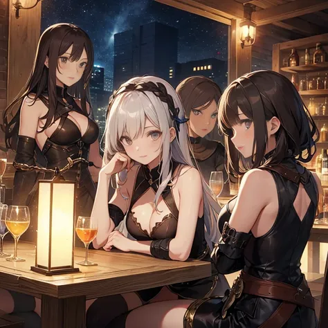 A group of  female medieval fantasy adventurers, (in tavern), various hair styles, harem, night, details face, seducing, sleeveless, armor, backless 