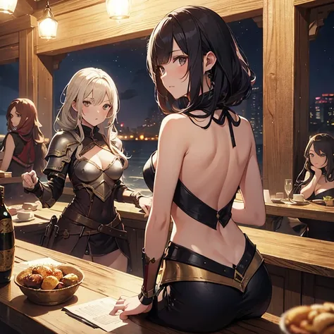 A group of  female medieval fantasy adventurers, (in tavern), various hair styles, harem, night, details face, seducing, sleeveless, armor, backless 