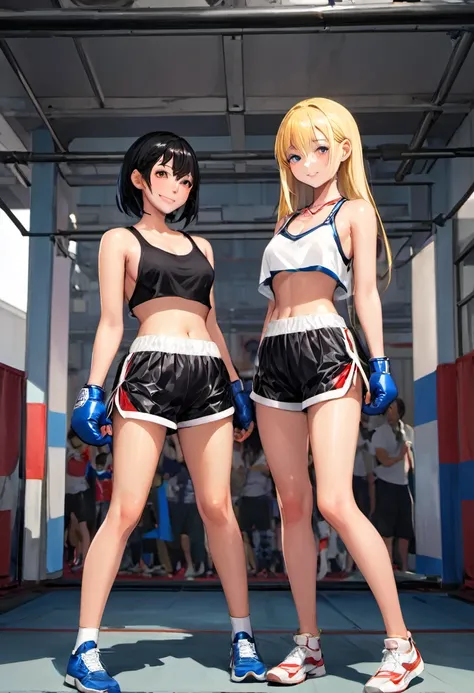 Cici（Japanese）Black hair semi-short cut、A bright, stylish 24-year-old、Gemini（American）Has long blonde hair、A 28-year-old with a nice figure、The two faced off in boxing、Dress code: tank top and shorts。Two people wearing boxing gloves、Looking towards me and ...