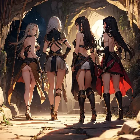 A group of  female medieval fantasy adventurers, (in cave), various hair styles, harem, night, details face, seducing, sleeveless, armor, backless 