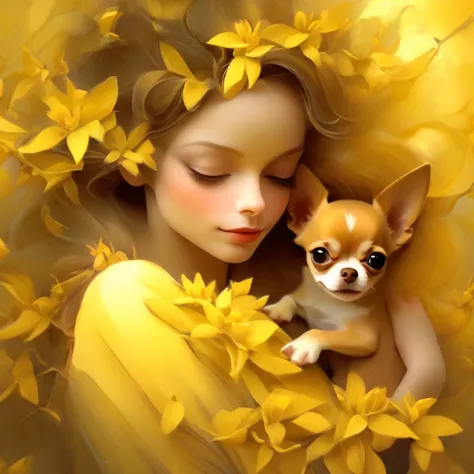 long hair、A woman with forsythia flowers in her hair holds a small chihuahua in her arms, background number 28,beautiful digital illustrations, Beautiful artwork illustration, amazing digital illustrations, beautiful digital artwork, Works that influenced ...