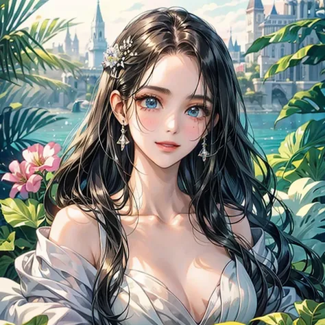 white、Ocean、droopy eyes、Brown eyeballs on face、smile、23 year old female、woman wearing one piece、long hair girl、((long hair girl))、Girl with bangs、detailed face、clean face、((best image quality))、mole、bouquet、bride、Mermaid Dress.black hair、blue eyes、heroine、...