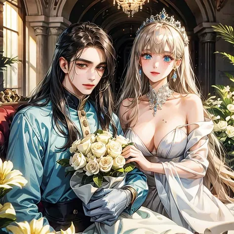 white、Ocean、droopy eyes、Brown eyeballs on face、smile、23 year old female、woman wearing one piece、long hair girl、((long hair girl))、Girl with bangs、detailed face、clean face、((best image quality))、mole、bouquet、bride、Mermaid Dress.Latte colored hair、blue eyes、...